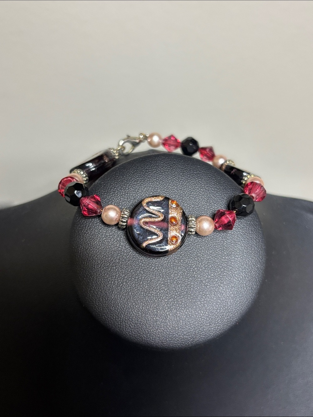 Handcrafted Dichroic Black and Pink Faux Pearl Beaded Bracelet